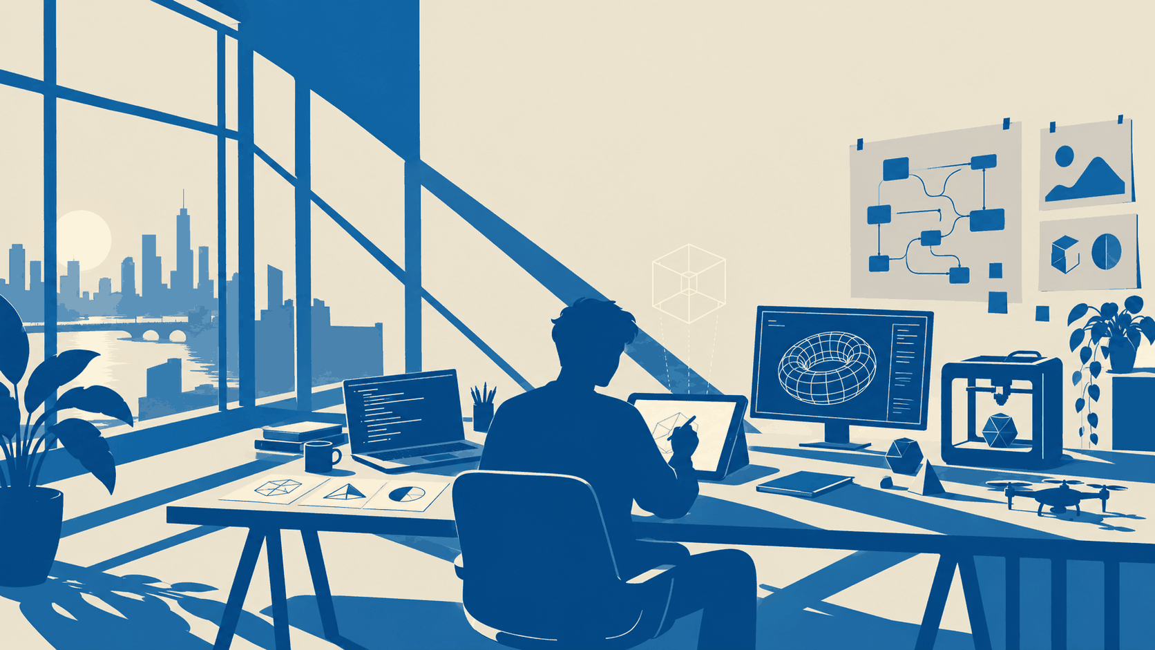 Illustration of a creative technologist sketching on a tablet in a sunlit studio, surrounded by a laptop with code, a 3D model on screen, a 3D printer, a drone and node diagrams on the wall